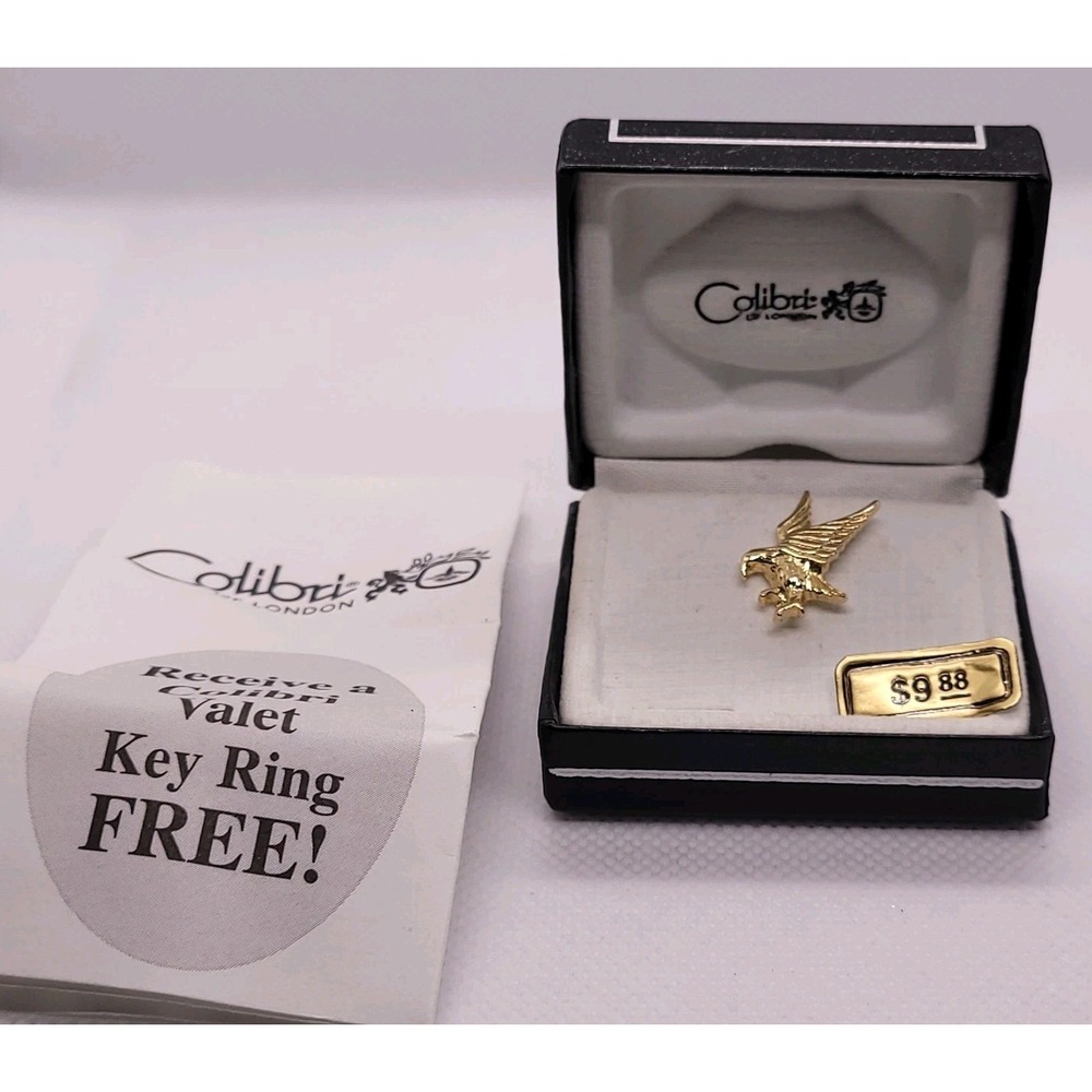 Vintage Colibri Eagle Tie Tack Pin Gold Tone American Bald Eagle Original Box
